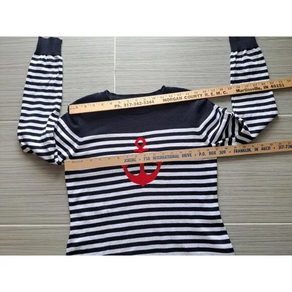 Brooks Brothers Nautical Black & White Striped Sweater Red Anchor Womens Med - Picture 2 of 10